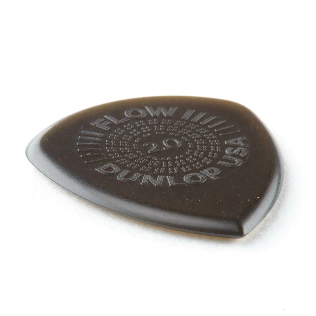 Six Jim Dunlop Flow Standard 2.0mm guitar picks in a pack, showcasing durable plastic construction and classic teardrop shape.