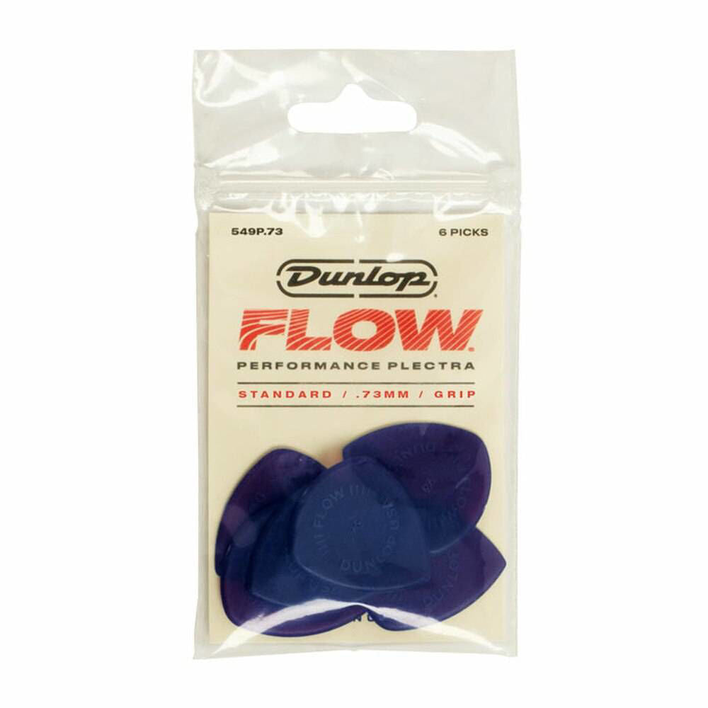 Jim Dunlop Flow Standard 0.73mm guitar picks in a pack, featuring six Dunlop guitar picks with a smooth, rounded edge design.