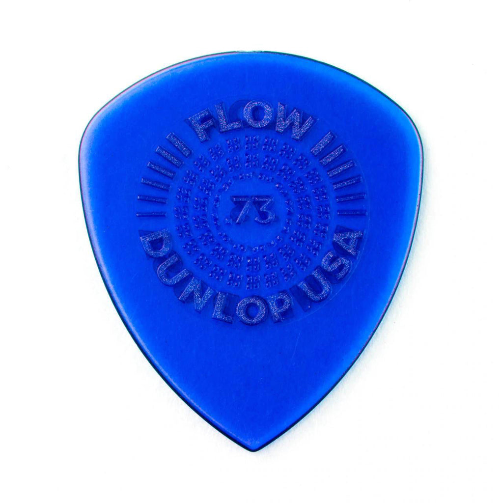 Six Jim Dunlop Flow Standard .73mm guitar picks in a pack, featuring translucent plastic picks for versatile playing.