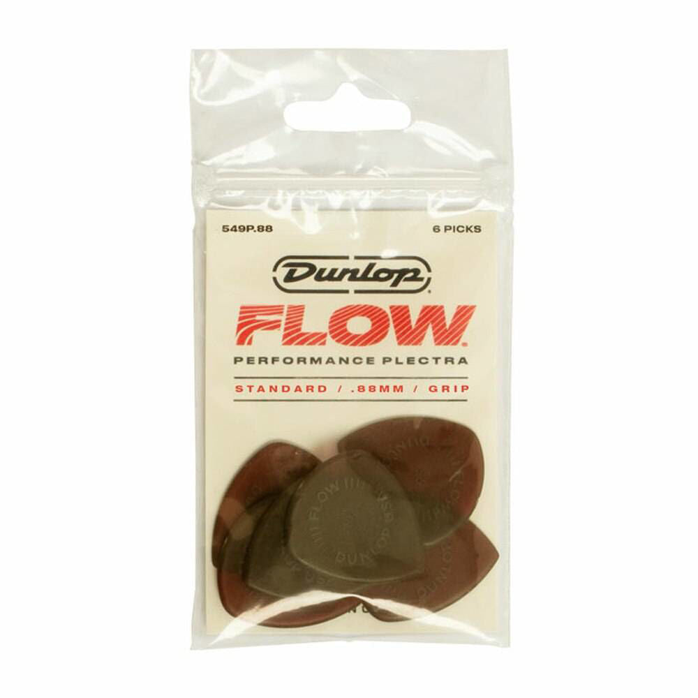 Jim Dunlop Flow Standard .88mm guitar pick pack showing six Dunlop guitar picks with a smooth, rounded shape and transparent design.