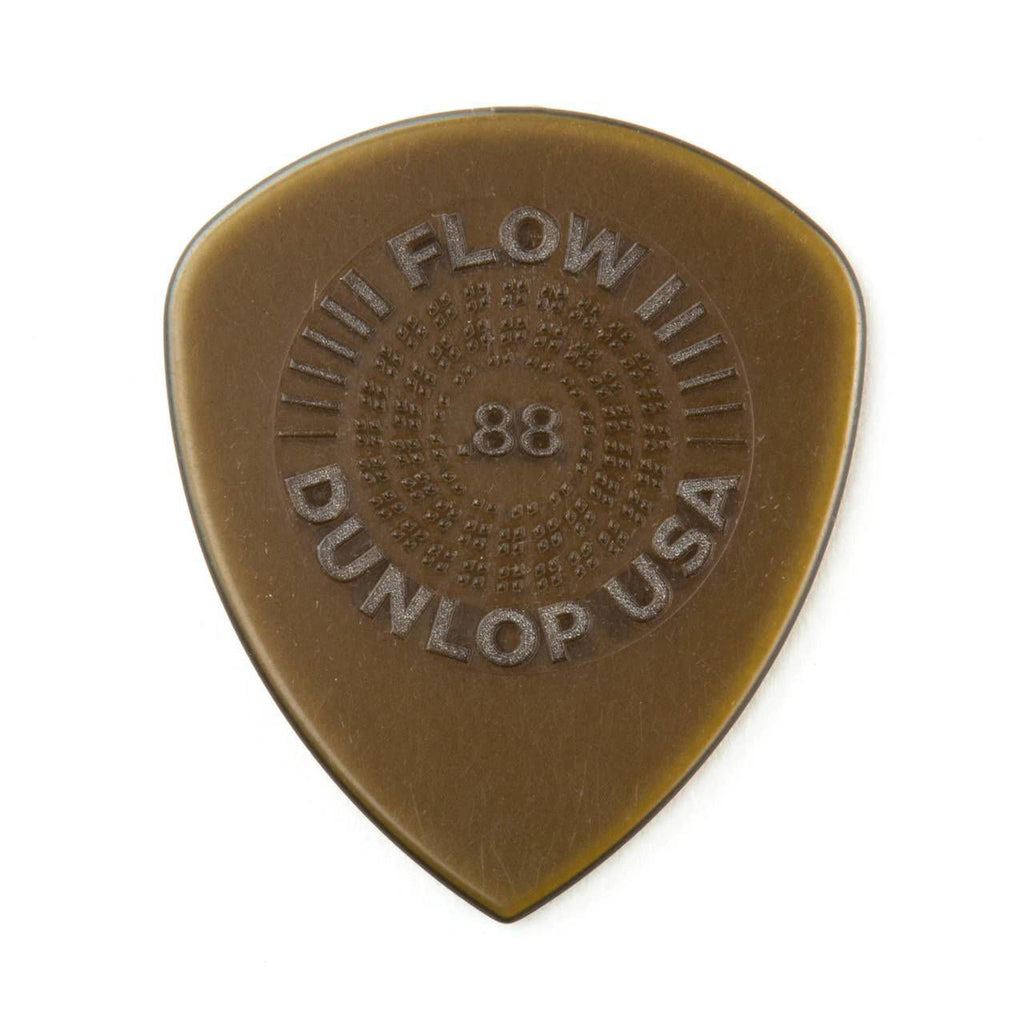 Six Jim Dunlop Flow Standard .88mm guitar picks in a pack, featuring the Dunlop logo and a smooth, rounded edge for versatile playing.