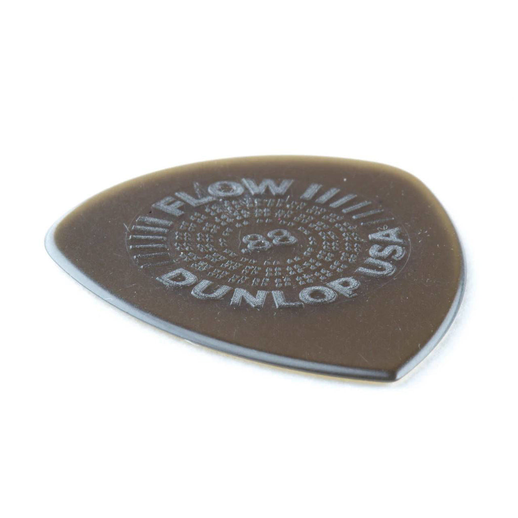 Six Jim Dunlop Flow Standard .88mm guitar picks in a pack, featuring translucent orange design and standard thickness for versatile playing.