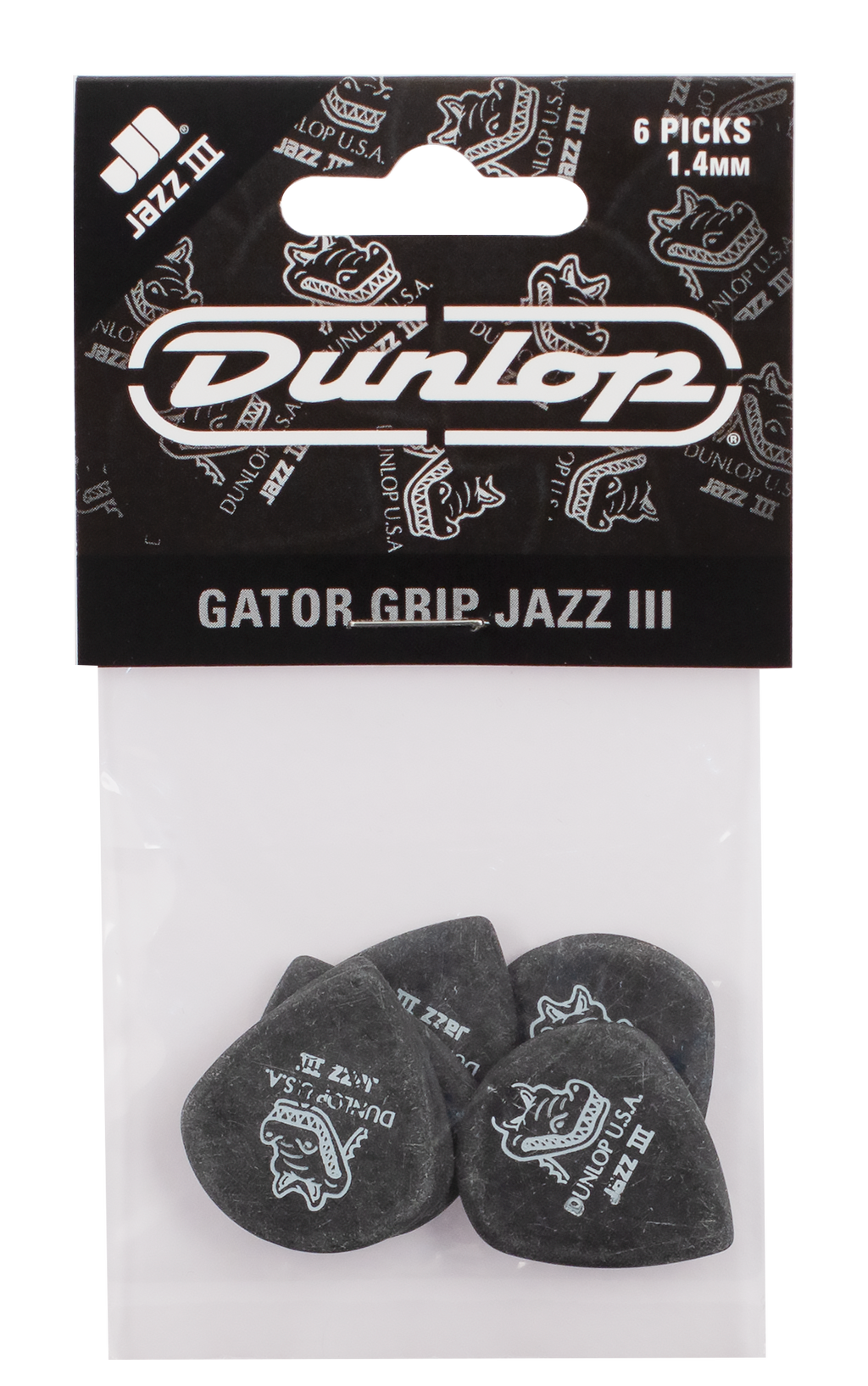 Jim Dunlop Gator Grip Jazz III guitar picks in a pack, showing textured grip surface and standard size for precise playing.