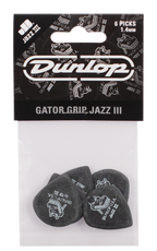 Jim Dunlop Gator Grip Jazz III guitar picks in a pack, showing textured grip surface and standard size for precise playing.