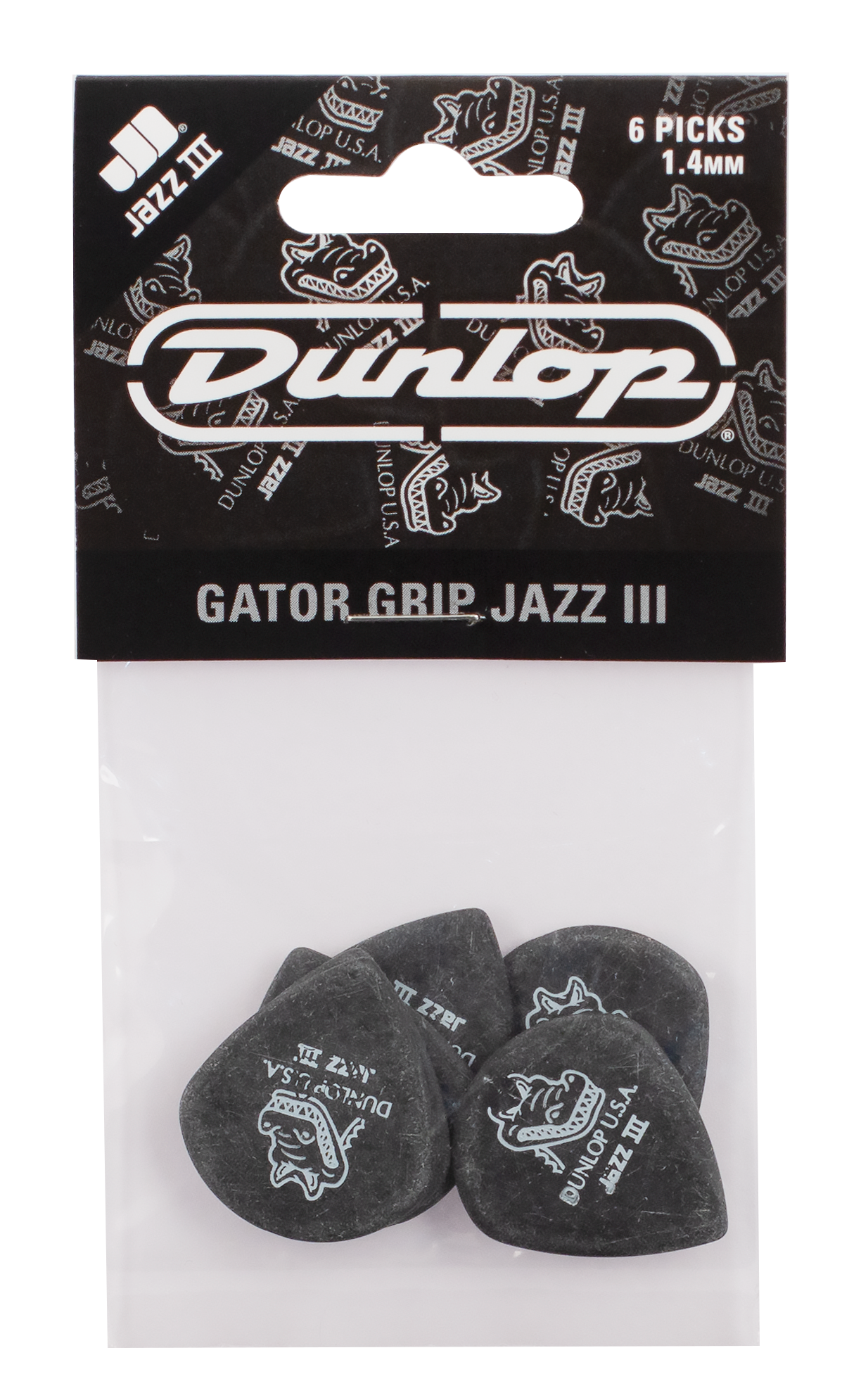 Jim Dunlop Gator Grip Jazz III guitar picks in a pack, showing textured grip surface and standard size for precise playing.