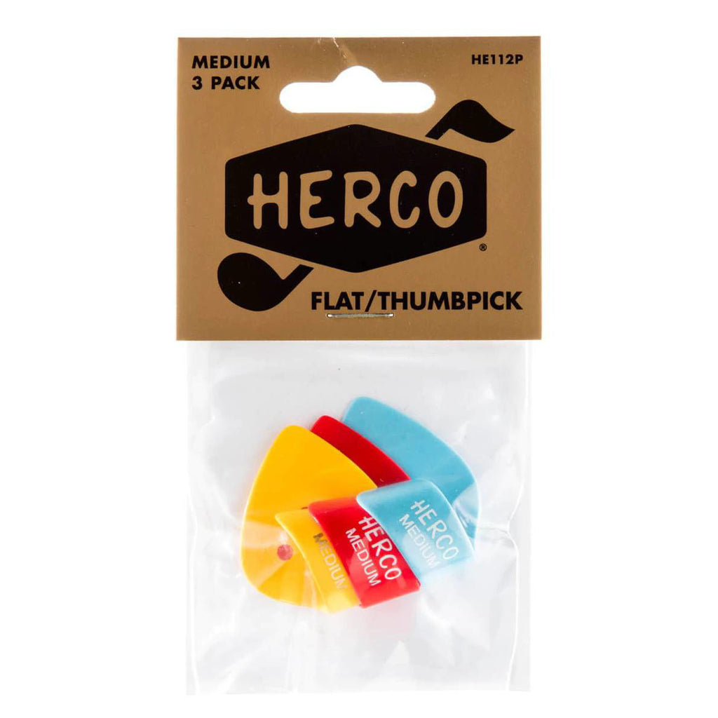 Three Jim Dunlop Herco Medium thumbpicks guitar picks from the Dunlop Player Pack, designed for comfortable and precise playing.