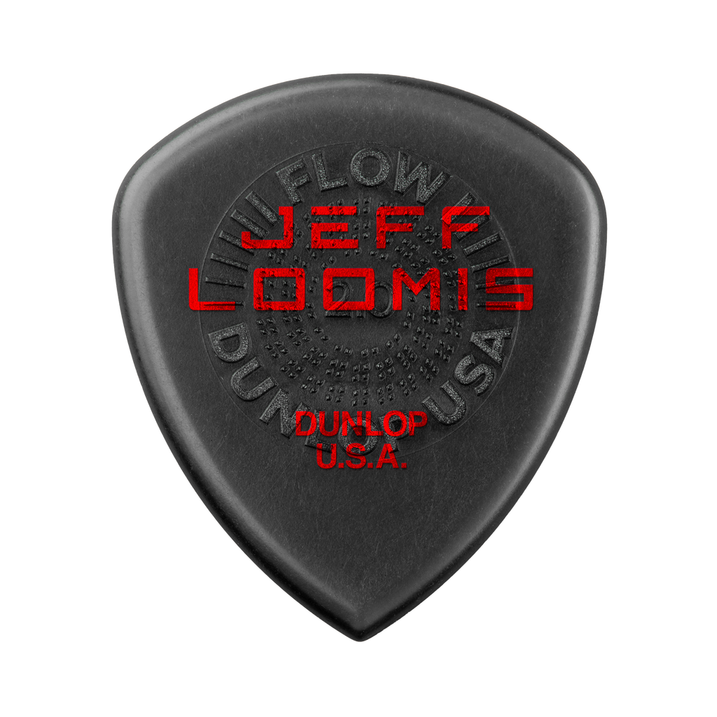 Jim Dunlop Jeff Loomis Custom Flow Jumbo Guitar Picks Player's Pack, showing a set of large, custom-shaped guitar picks with branding.