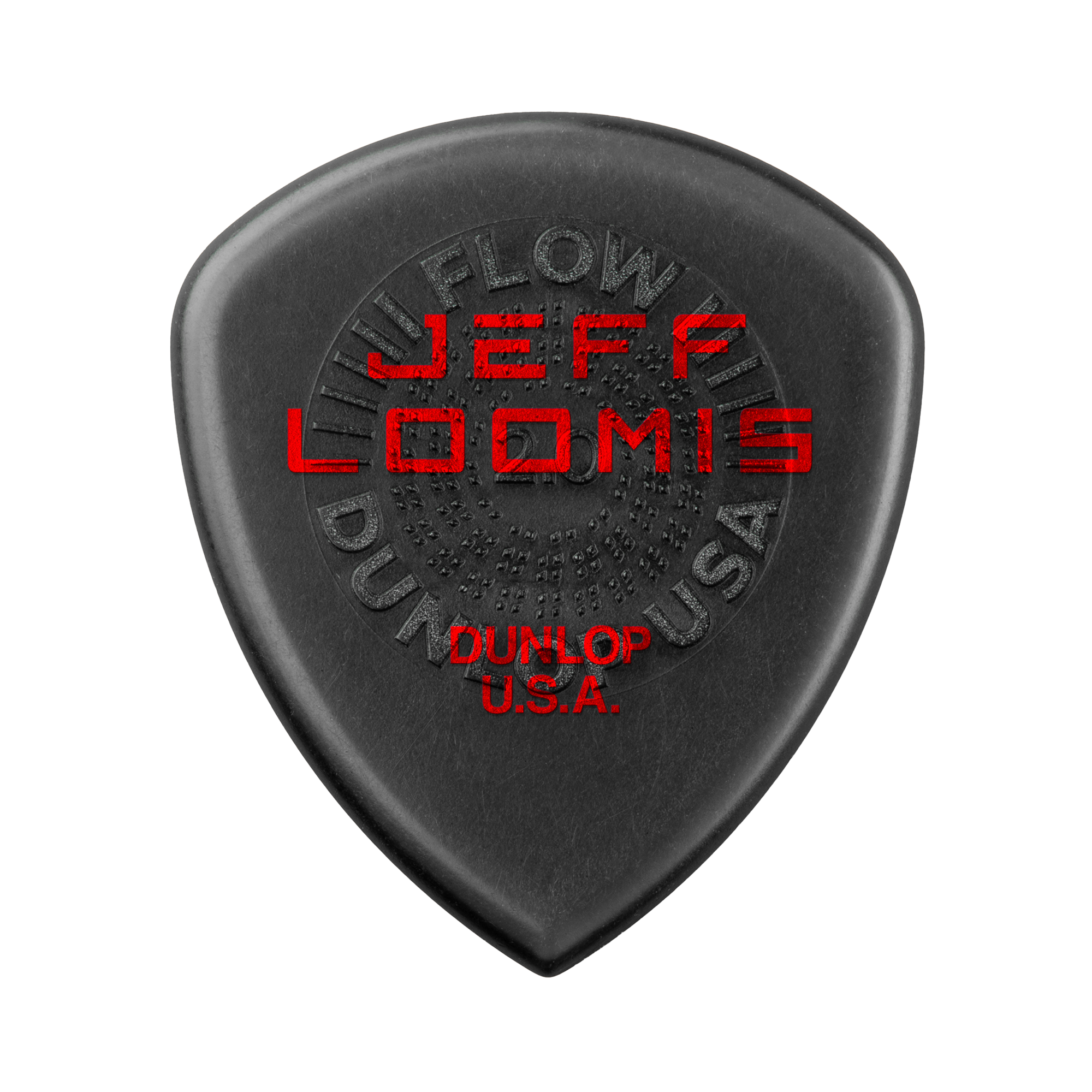 Jim Dunlop Jeff Loomis Custom Flow Jumbo Guitar Picks Player's Pack, showing a set of large, custom-shaped guitar picks with branding.