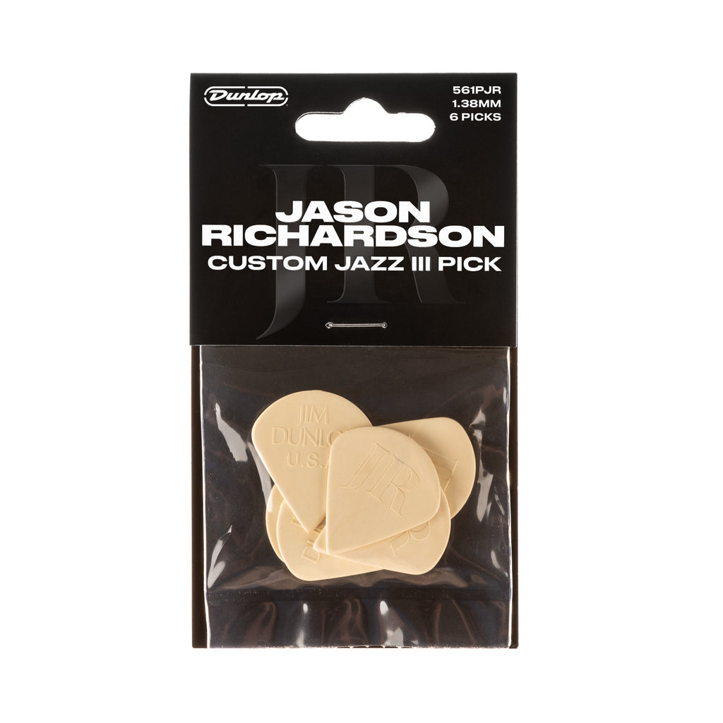 Six Jim Dunlop Jason Richardson Custom Jazz III guitar picks in 1.38mm thickness, featuring a sleek black design with Jason Richardson branding.