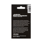 Six Jim Dunlop Jason Richardson Custom Jazz III guitar picks, 1.38mm thickness, black with red logo, shown from the back.