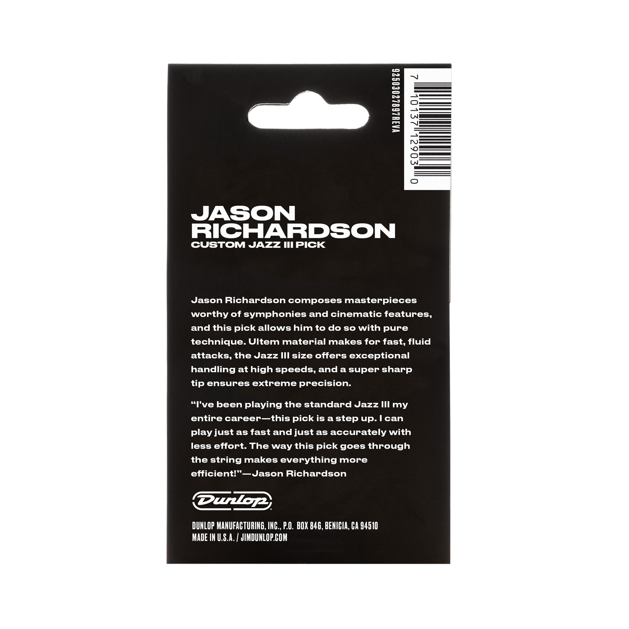 Six Jim Dunlop Jason Richardson Custom Jazz III guitar picks, 1.38mm thickness, black with red logo, shown from the back.