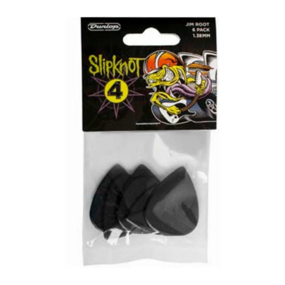 Six Jim Dunlop Jim Root signature nylon guitar picks in a pack, featuring the JPJRN design and shape for versatile playing.