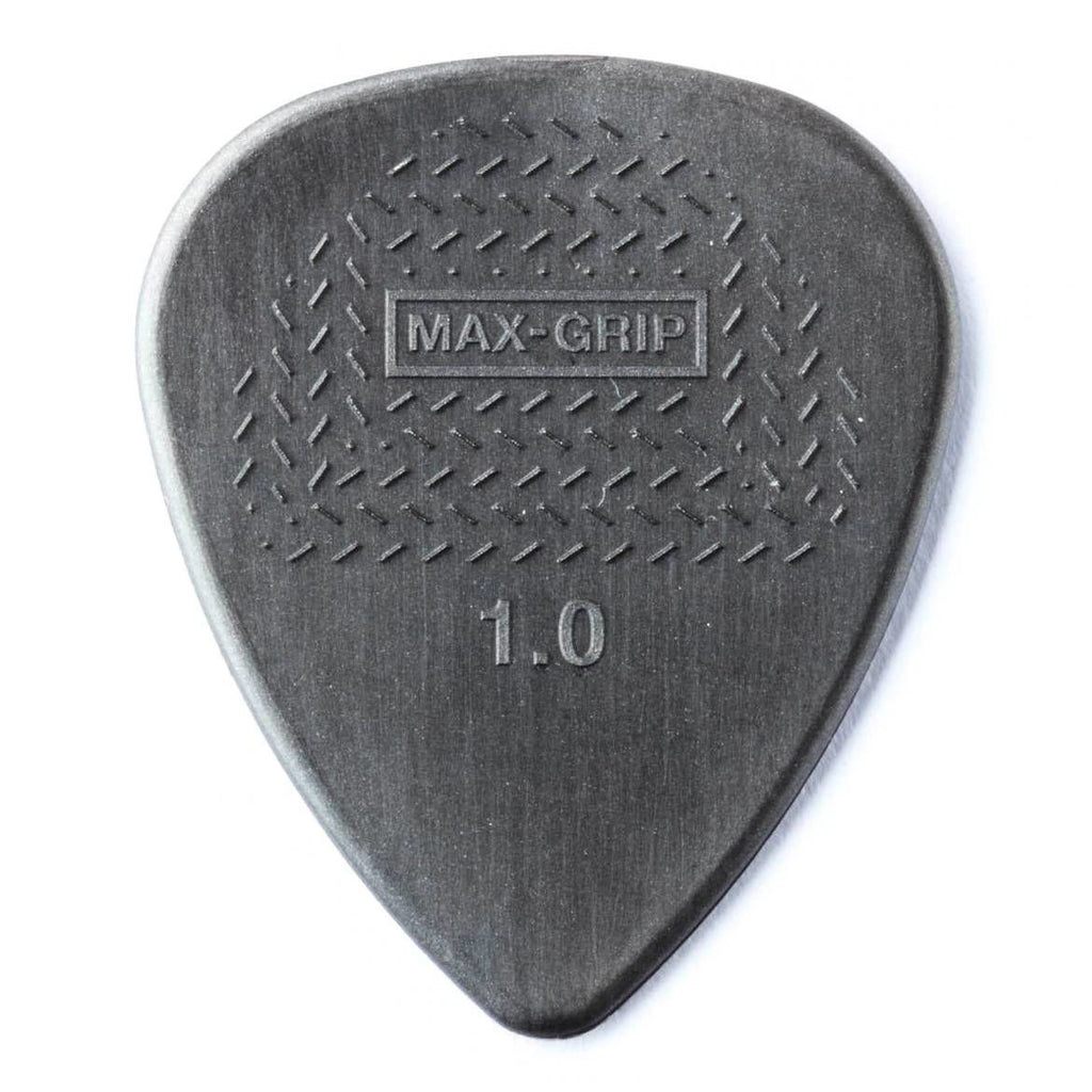 Set of 12 Jim Dunlop Max Grip Nylon guitar picks, 1.0 mm thickness, designed for comfortable playing and durability.