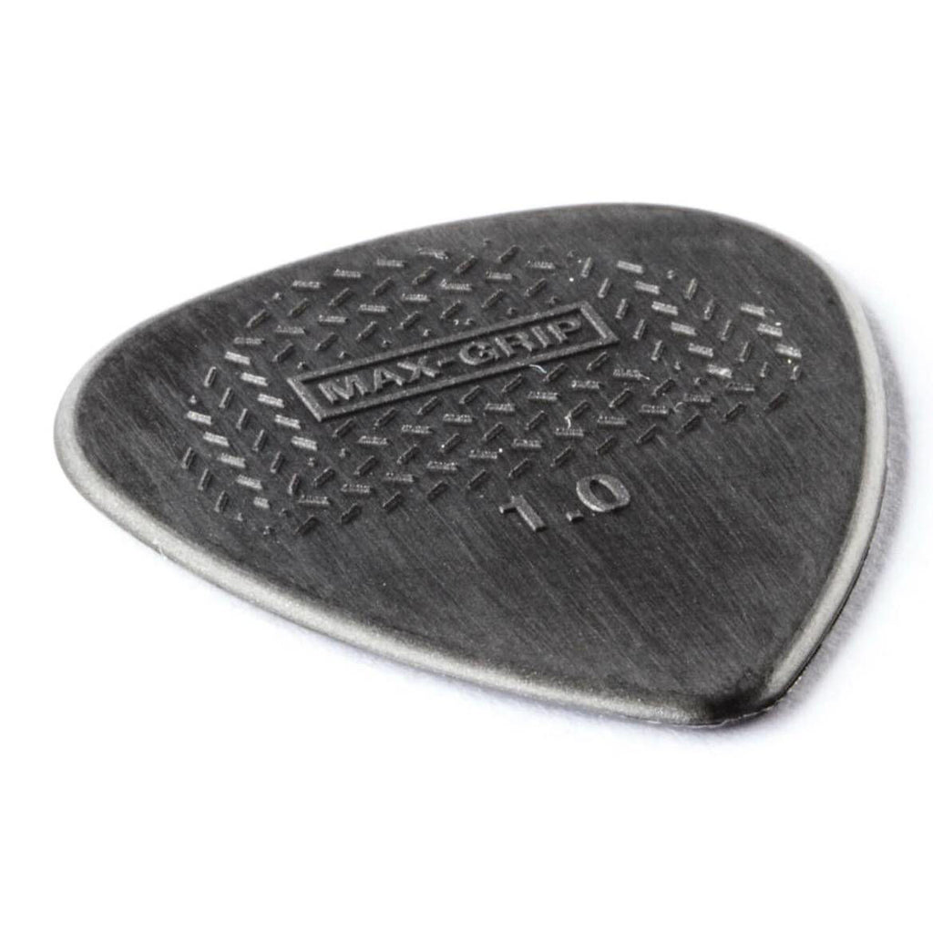 Set of 12 Jim Dunlop Max Grip nylon guitar picks, 1.0 mm thickness, designed for comfortable grip and precise playing.
