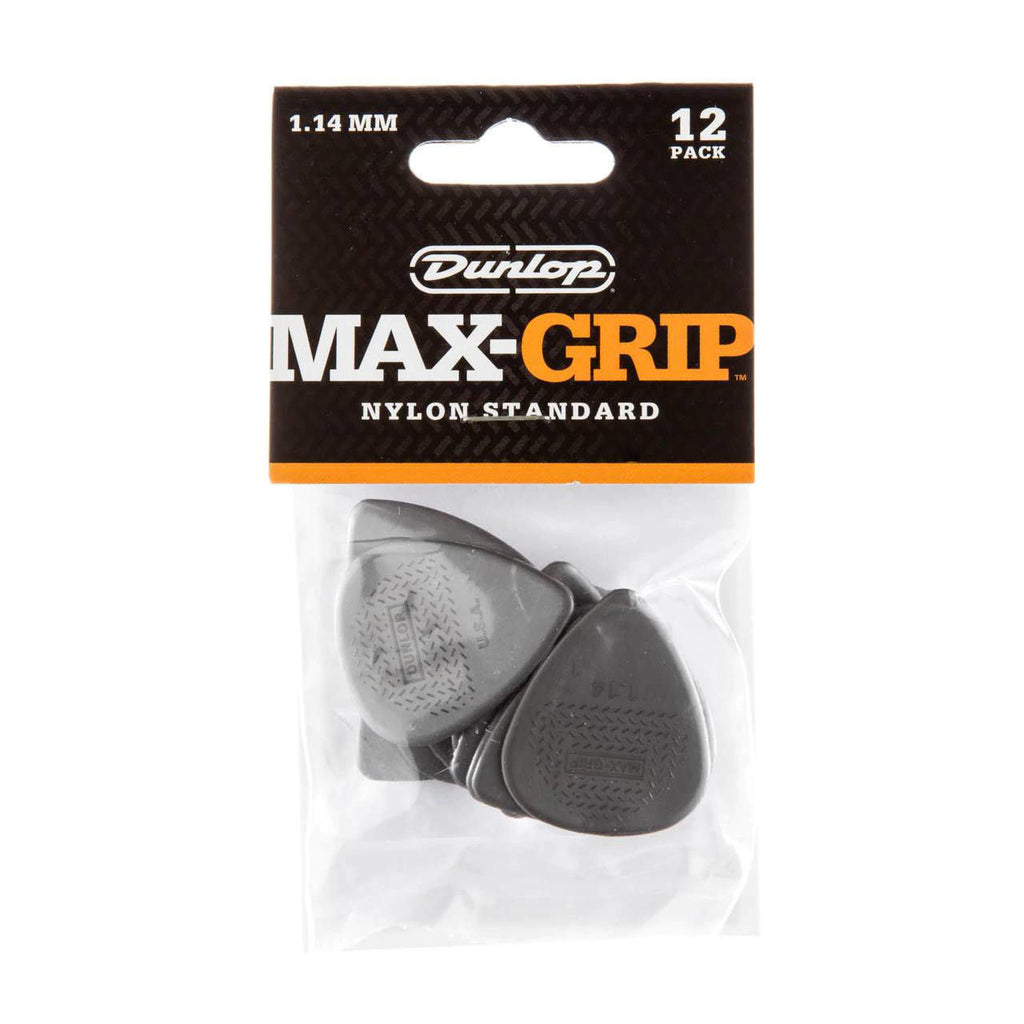 Jim Dunlop JPP110 Nylon Greys Max Grip guitar picks in a pack of 12, showcasing textured grip and 1.14mm thickness.