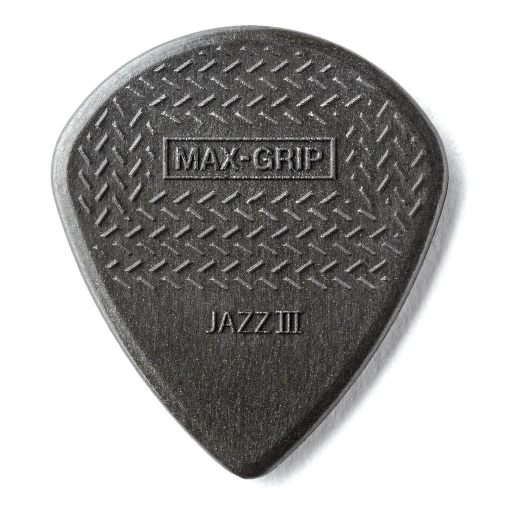 Jim Dunlop Jazz III Maxgrip carbon fiber guitar picks in a pack, featuring sleek black design and textured grip for precise playing.