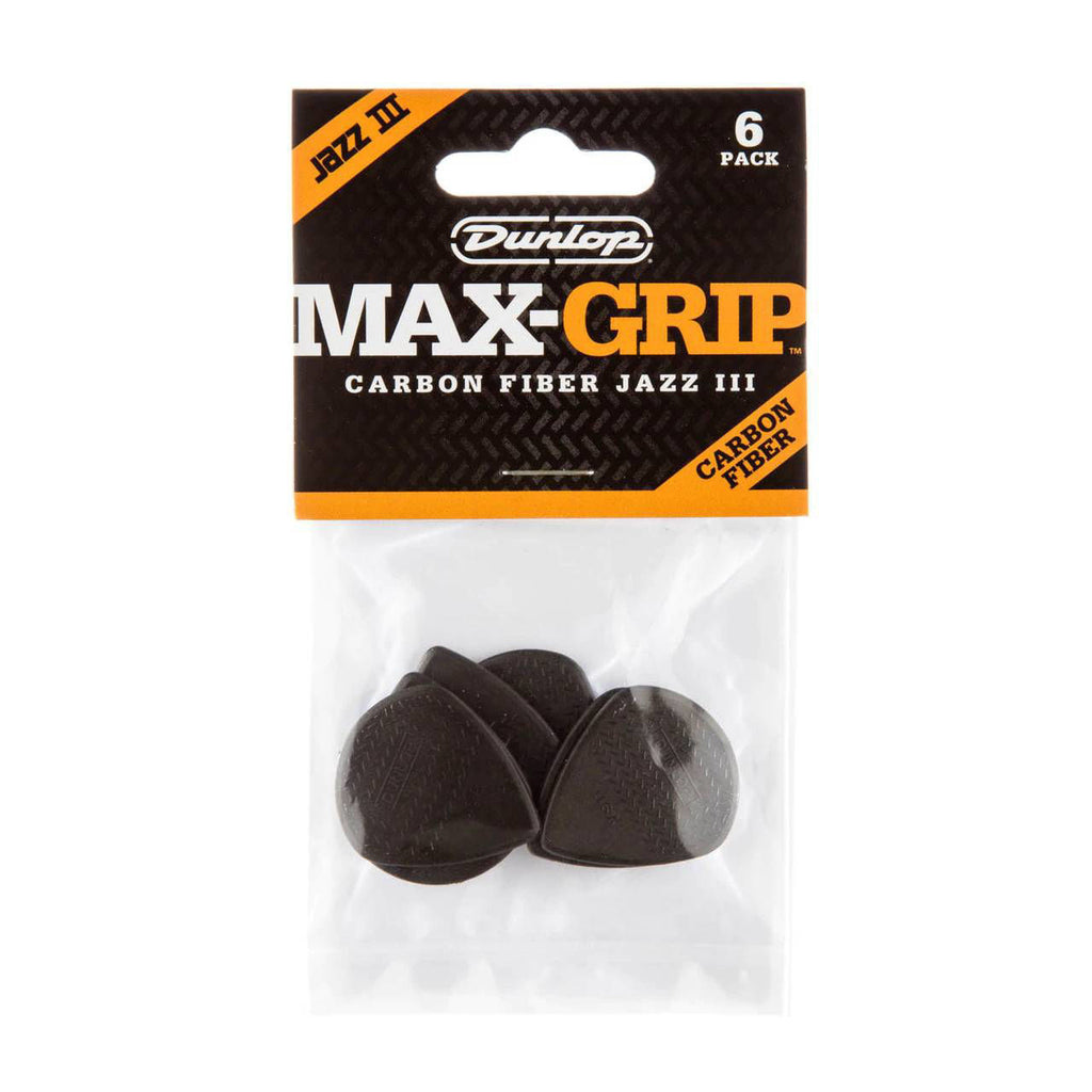 Dunlop Jazz III Maxgrip Carbon Fibre guitar picks in a player pack, featuring sleek black picks with textured grip for precise strumming
