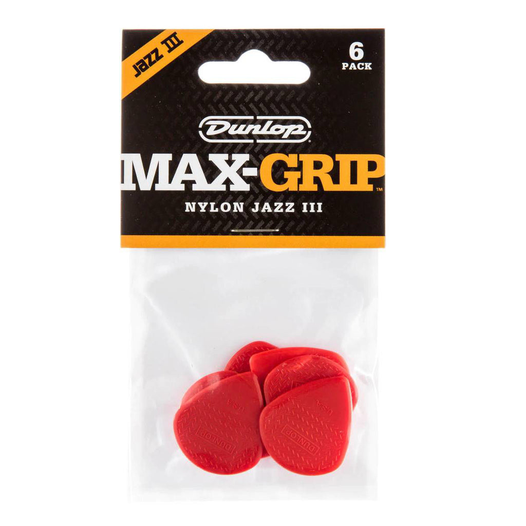 Six red Jim Dunlop Nylon Jazz III Max Grip guitar picks in a display bag, designed for precise playing and durability.