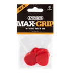 Six red Jim Dunlop Nylon Jazz III Max Grip guitar picks in a display bag, designed for precise playing and durability.