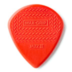 Six red Jim Dunlop Nylon Jazz III Max Grip guitar picks in a display bag, designed for precise picking and comfortable grip.