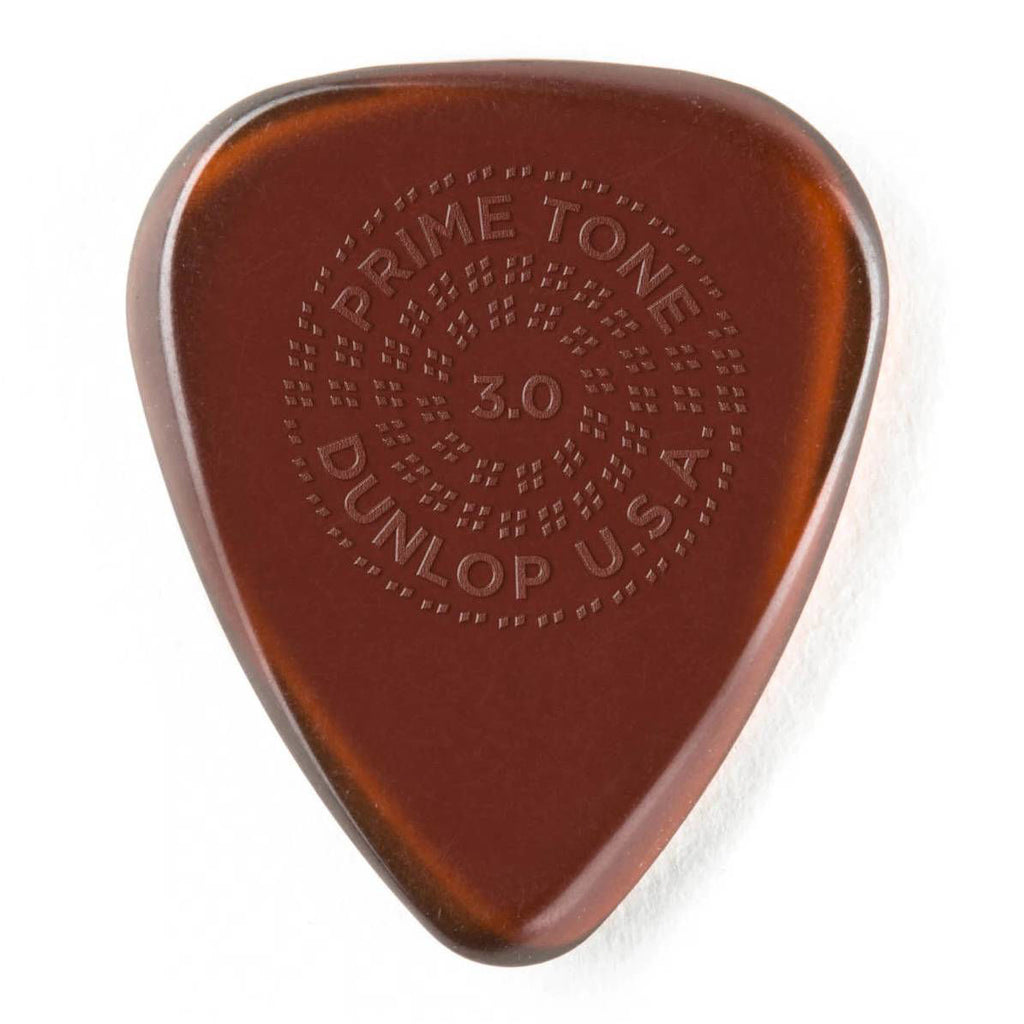 Jim Dunlop 3.0 mm Primetone Standard guitar picks in a 3-pack with grip, showcasing their textured surface and shape.