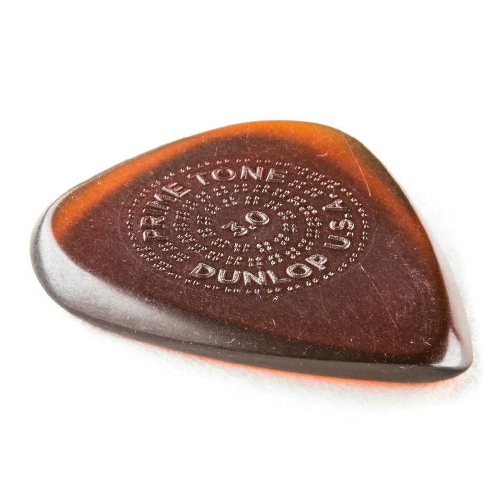 Jim Dunlop 3.0 mm Primetone Standard guitar picks in a 3-pack with grip, showcasing smooth surface and ergonomic design.