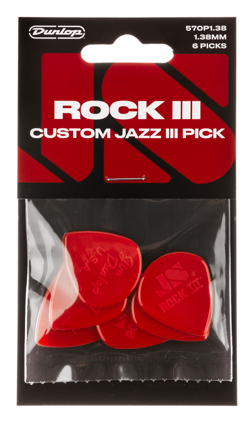 Six Dunlop Jim Dunlop JPRJ3 Rock III Nylon Jazz III guitar picks in a player's pack, showcasing the durable nylon material and unique shape.