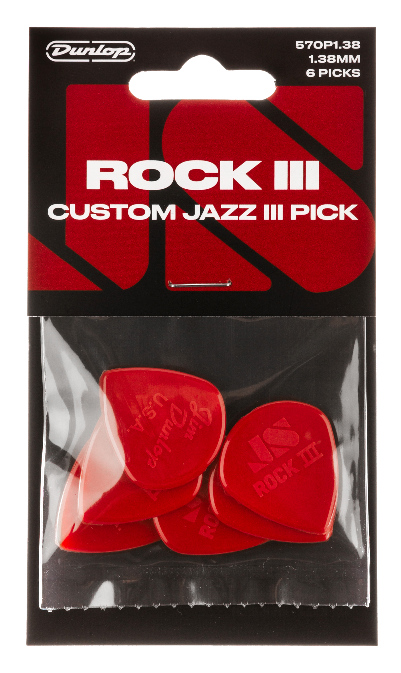 Six Dunlop Jim Dunlop JPRJ3 Rock III Nylon Jazz III guitar picks in a player's pack, showcasing the durable nylon material and unique shape.