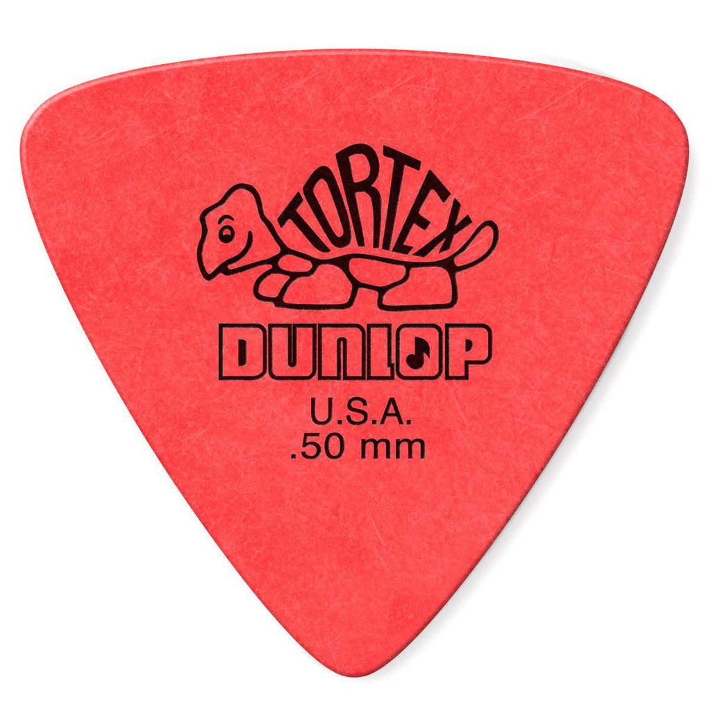 Six Jim Dunlop Tortex Triangle guitar picks in a display bag, .50mm thickness, featuring durable plastic construction for players.