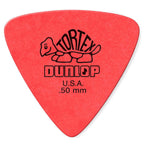 Six Jim Dunlop Tortex Triangle guitar picks in a display bag, .50mm thickness, featuring durable plastic construction for players.