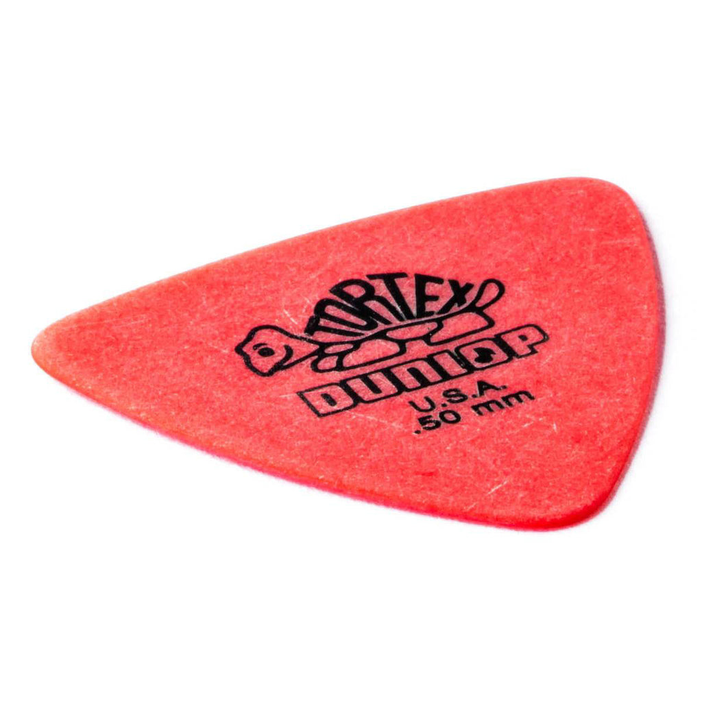 Jim Dunlop Tortex Triangle Guitar Picks Pack with six .50mm picks in a display bag, featuring durable plastic construction.