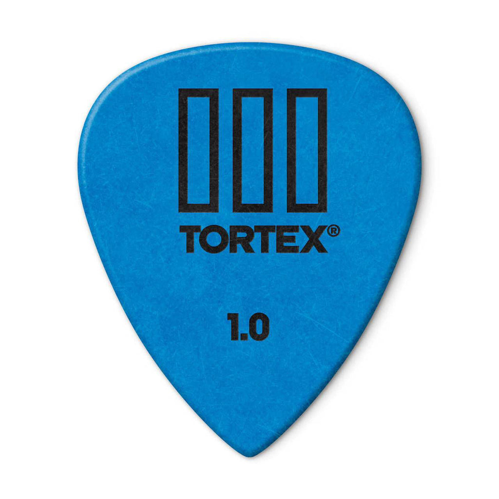 Jim Dunlop Tortex T3 1.0mm guitar picks in a pack, showing 12 durable plastic picks with the Dunlop brand logo and textured grip.