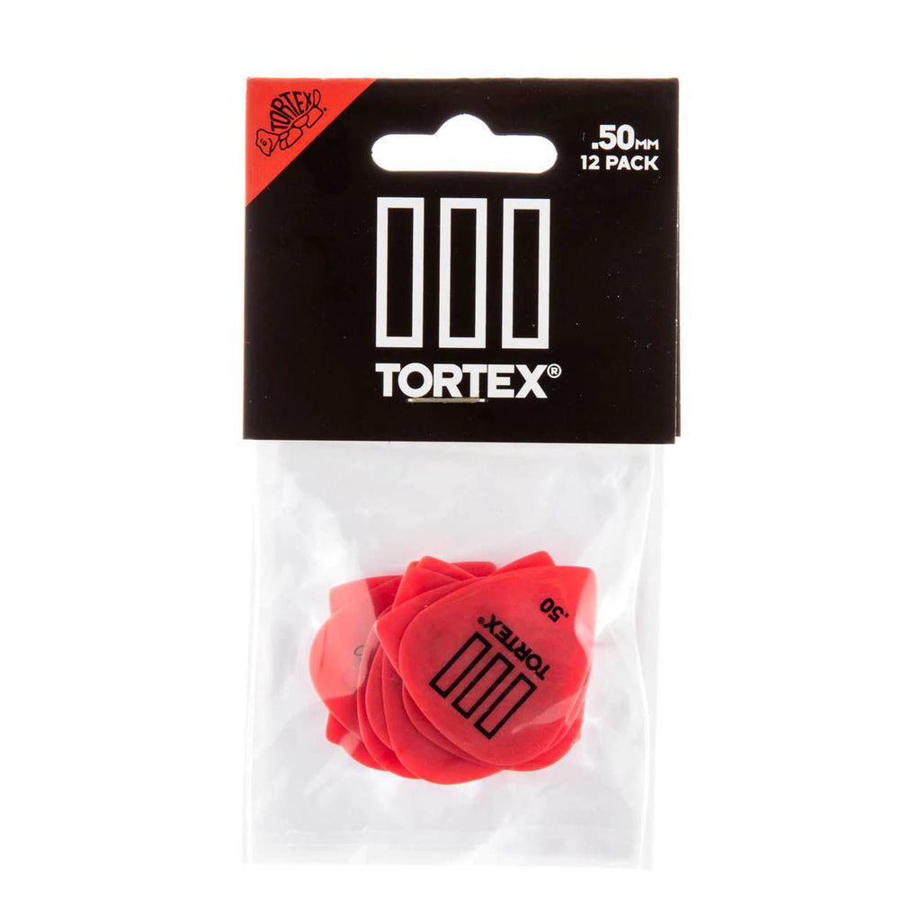 Dunlop JPT350 Tortex T3 guitar picks, 50mm size, in a pack of 12, showing black picks with textured surface for enhanced grip.