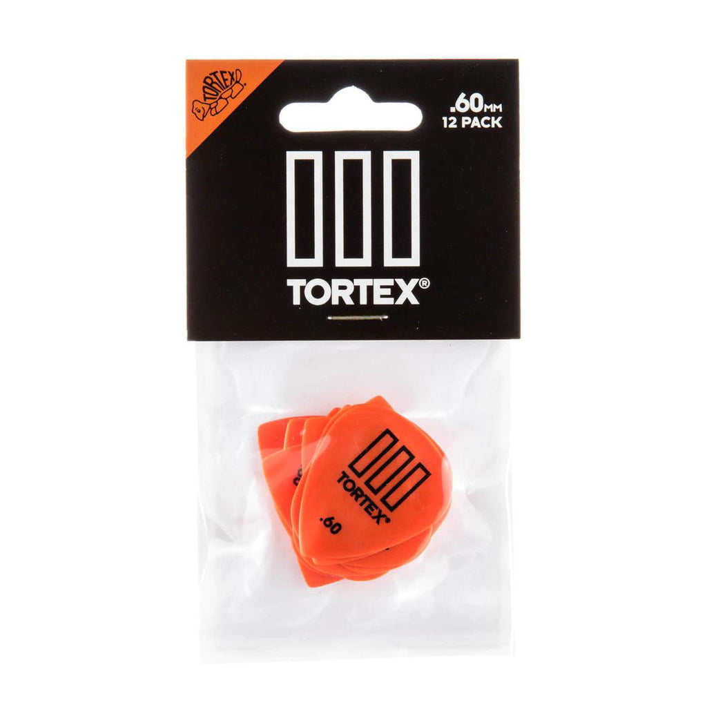 Jim Dunlop Tortex T3 .60mm guitar picks in a pack, featuring 12 durable Dunlop guitar picks with a classic pointed tip design.