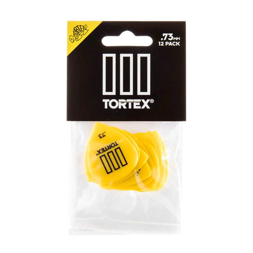 Jim Dunlop Tortex T3 73mm guitar picks, player’s pack of 12, showing durable plastic picks for electric and acoustic guitars.