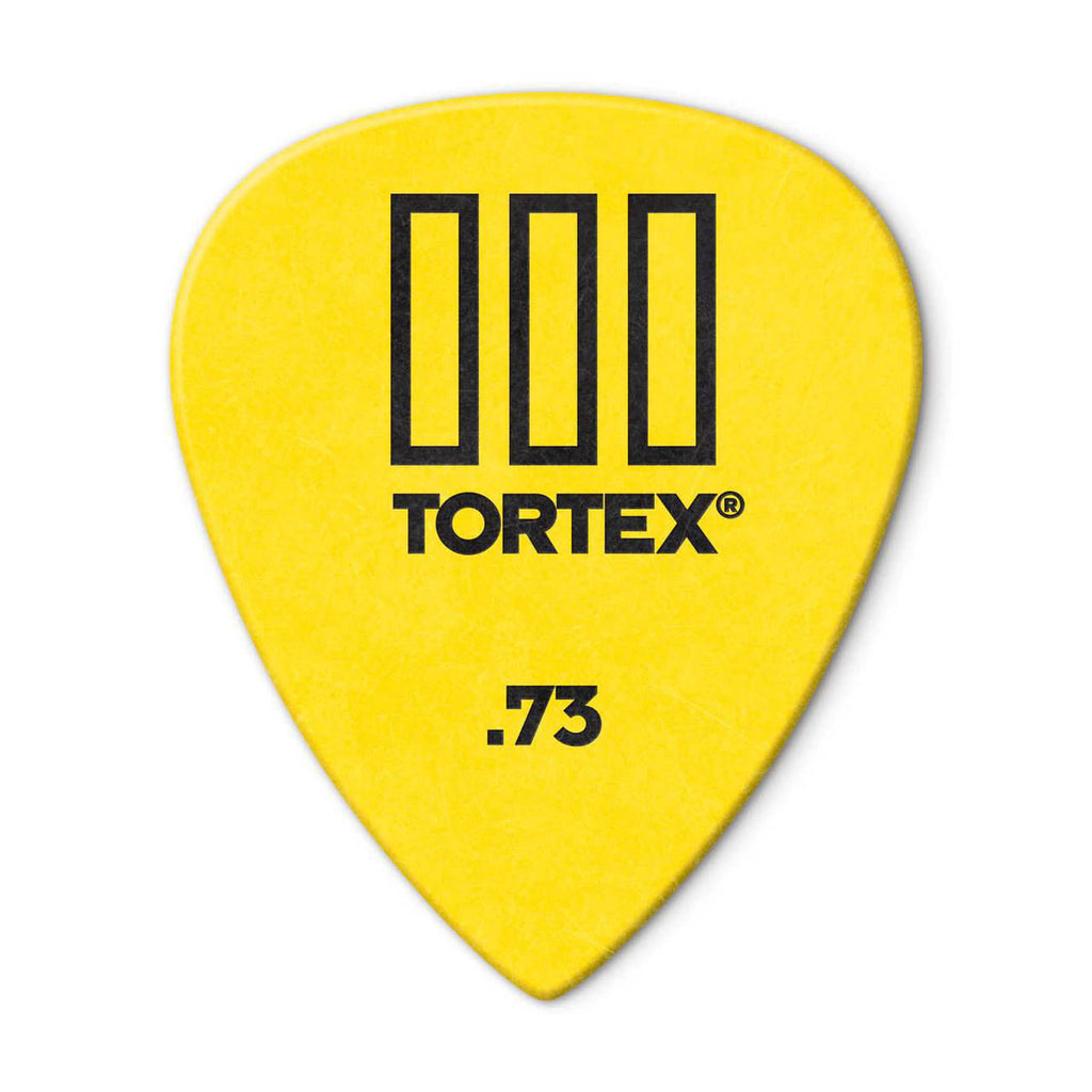 Set of 12 Jim Dunlop Tortex T3 guitar picks in a players pack, 73mm size, with the Dunlop brand logo visible on each pick.