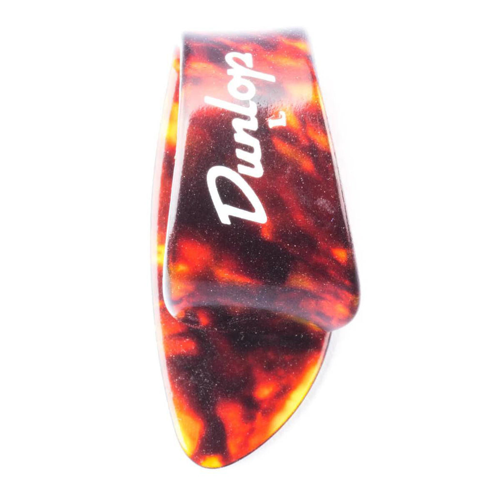 Set of four Jim Dunlop large shell guitar picks for finger and thumb playing, featuring durable Dunlop brand construction.