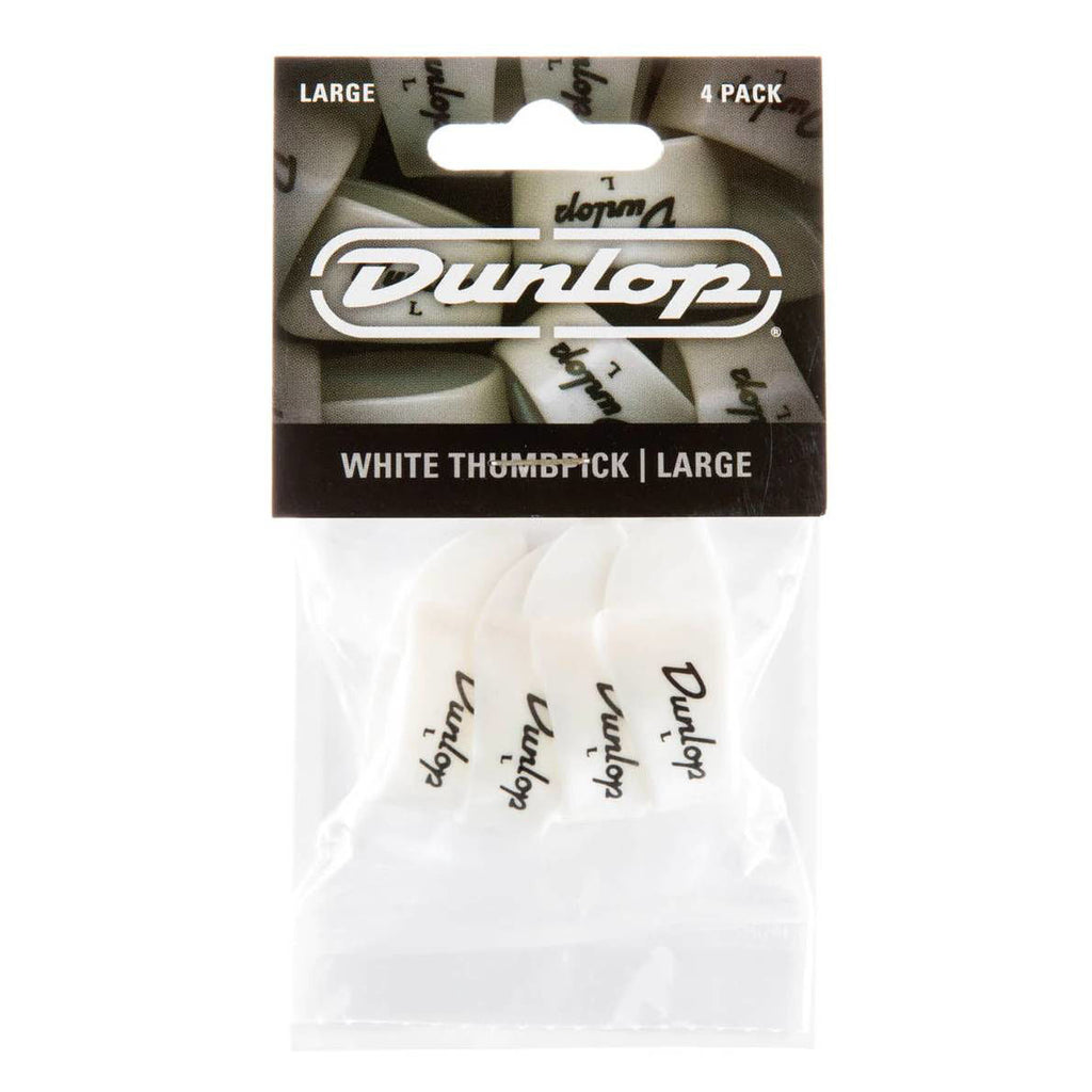 White Jim Dunlop large thumb guitar picks in a pack, showing four picks with textured grips and Dunlop branding.