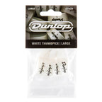 White Jim Dunlop large thumb guitar picks in a pack, showing four picks with textured grips and Dunlop branding.