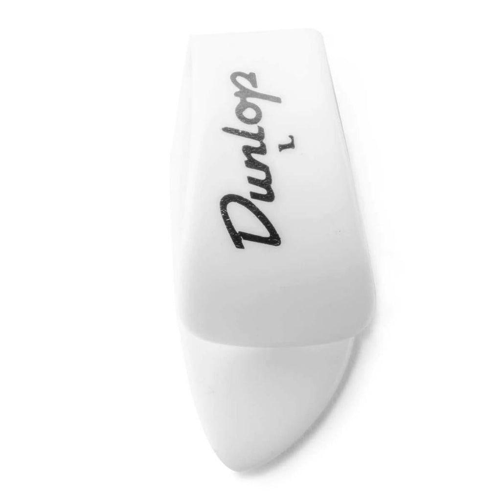 Four large white Jim Dunlop guitar picks in a player pack, designed for comfortable grip and versatile playing.