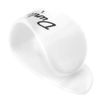 Set of four Jim Dunlop white large thumb picks for guitar playing, featuring durable plastic material and comfortable fit.