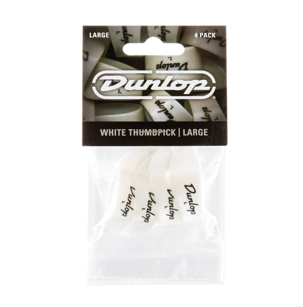 Four Jim Dunlop medium shell thumb picks for guitar playing, arranged in a pack with a natural shell appearance.