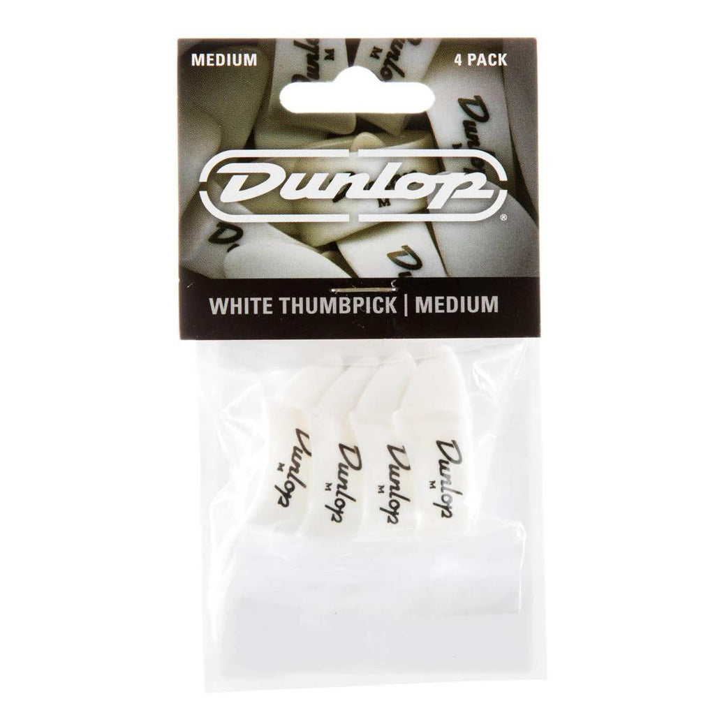 Set of four Jim Dunlop White Medium Thumb Picks for guitar, featuring durable plastic design ideal for comfortable playing.