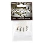 Set of four Jim Dunlop White Medium Thumb Picks for guitar, featuring durable plastic design ideal for comfortable playing.