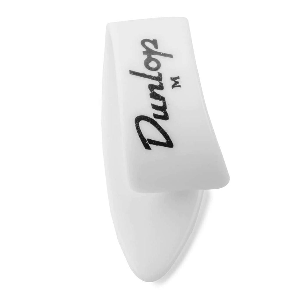 Four white Jim Dunlop medium thumb picks for guitar playing, shown in a pack with four picks visible.