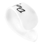 Jim Dunlop White Medium guitar thumb picks, four-pack, showing smooth plastic picks with textured grip areas for comfortable playing.