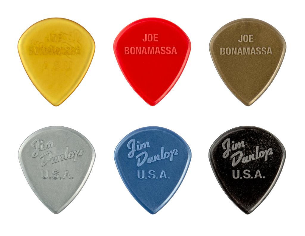 Jim Dunlop Joe Bonamassa Custom Jazz III guitar picks variety pack with multiple colorful picks on a white background.