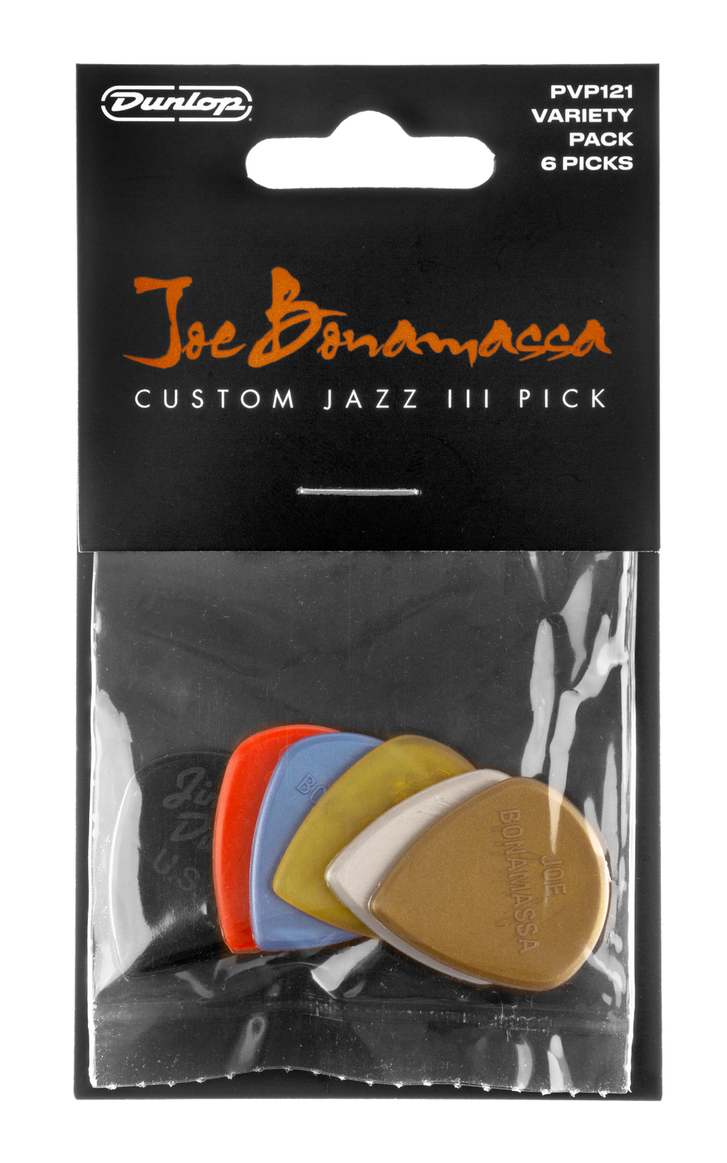 Jim Dunlop Joe Bonamassa Custom Jazz III guitar picks set with various styles, featuring bold designs and durable plastic construction.