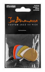 Jim Dunlop Joe Bonamassa Custom Jazz III guitar picks set with various styles, featuring bold designs and durable plastic construction.