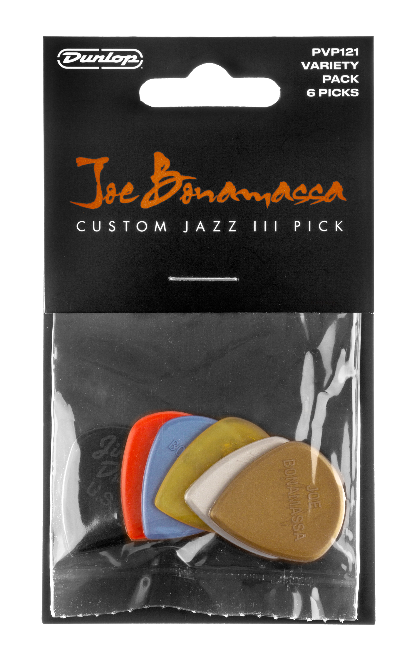 Jim Dunlop Joe Bonamassa Custom Jazz III guitar picks set with various styles, featuring bold designs and durable plastic construction.